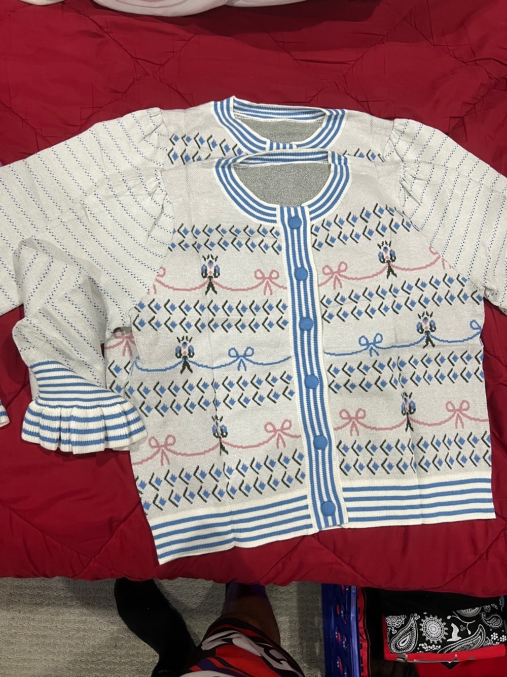 Women cropped White Knit Cardigan with Blue & Pink Trim